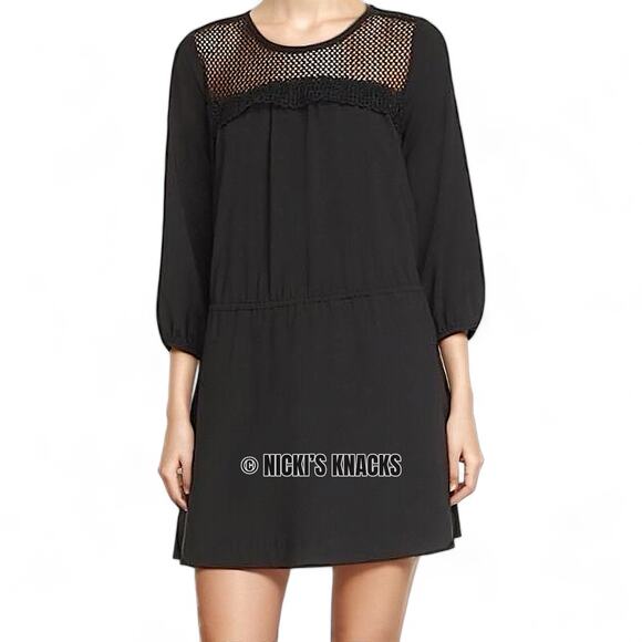 Le Gali Black Fishnet Mini Dress Drawstring Waist Babydoll 3/4 Sleeve Size XS - Picture 2 of 12